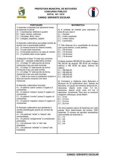 PROVA SERVENTE ESCOLAR - Botuverá - Botuvera.com.br