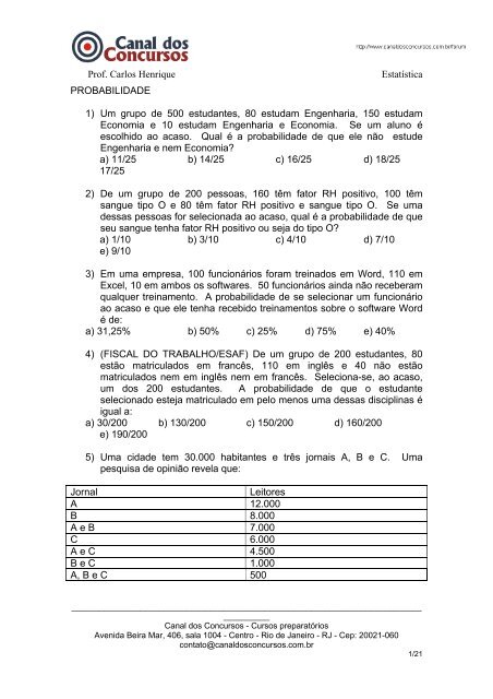 Prof Carlos Henrique Estatistica Probabilidade 1 Um Grupo De