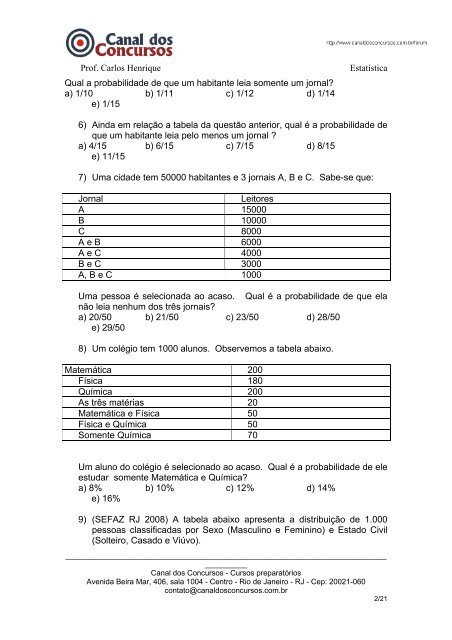 Prof. Carlos Henrique Estatística PROBABILIDADE 1) Um grupo de ...