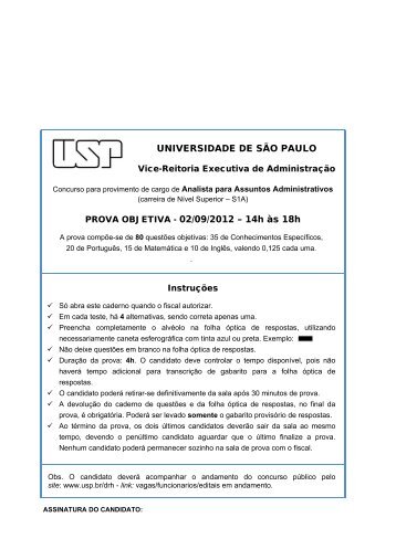 UNIVERSIDADE DE SÃO PAULO PROVA OBJETIVA - 02/09 ... - USP