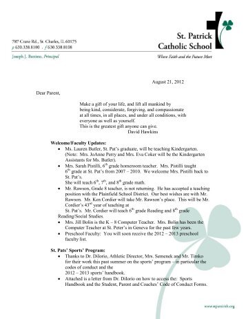 Letter to Parents 082112 - St. Patrick's Catholic School