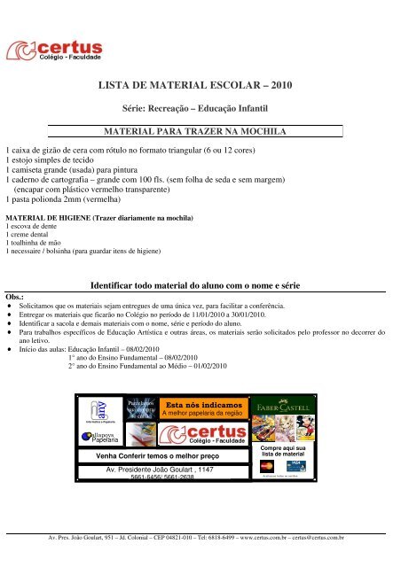 LISTA DE MATERIAL ESCOLAR – 2010 - Certus