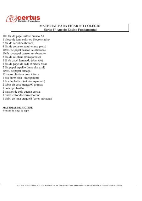 LISTA DE MATERIAL ESCOLAR – 2010 - Certus