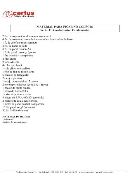 LISTA DE MATERIAL ESCOLAR – 2010 - Certus