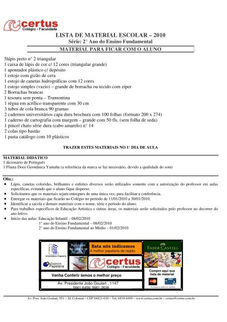 LISTA DE MATERIAL ESCOLAR – 2010 - Certus