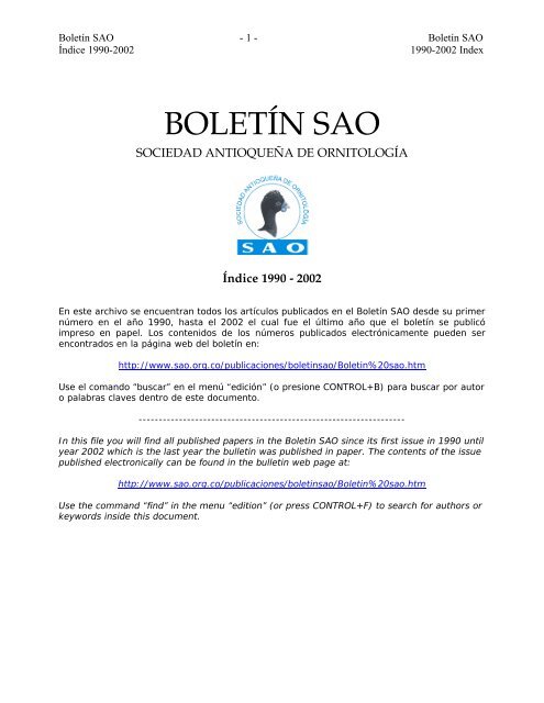 BOLETÍN SAO - Sociedad Antioqueña de Ornitología (SAO)