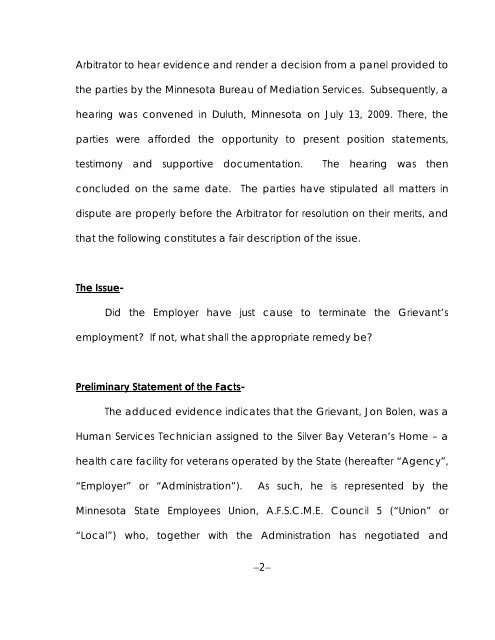 IN THE MATTER OF ARBITRATION OPINION ... - Minnesota.gov