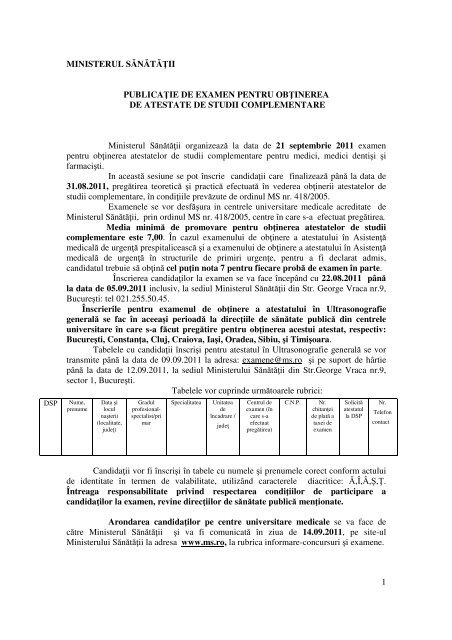 1 MINISTERUL SĂNĂTĂII PUBLICA IE DE EXAMEN PENTRU OB ...