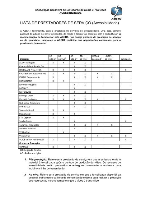 LISTA DE PRESTADORES DE SERVIÇO (Acessibilidade) - Abert