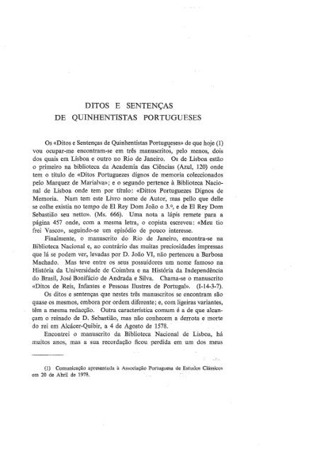 Ditos e Sentenças de Quinhentistas Portugueses - Universidade de ...