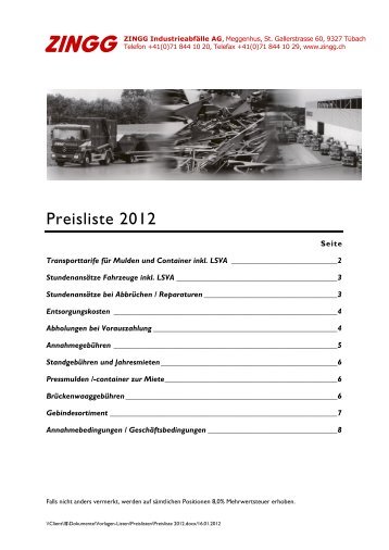 Preisliste 2012 - Zingg Industrieabfälle AG