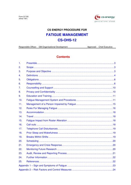 Cs Energy Procedure For Fatigue Management Cs ohs 12