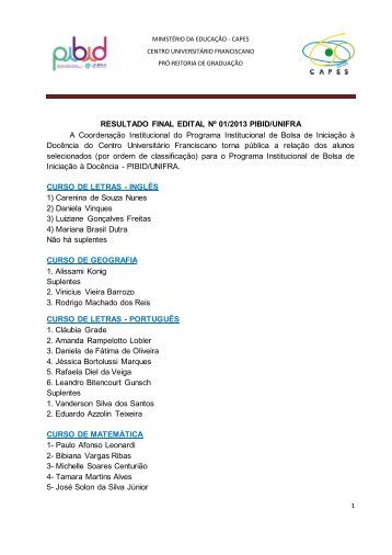 RESULTADO FINAL EDITAL Nº 01/2013 PIBID/UNIFRA A ...