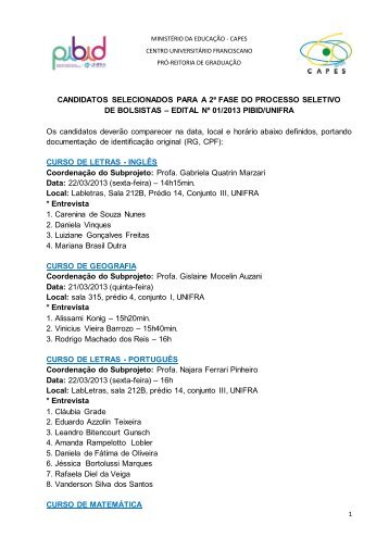 Resultado parcial do Edital 01/2013 - Unifra