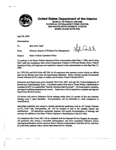 2009 BIA Motor Vehicle Policy Memo - Bureau of Indian Affairs