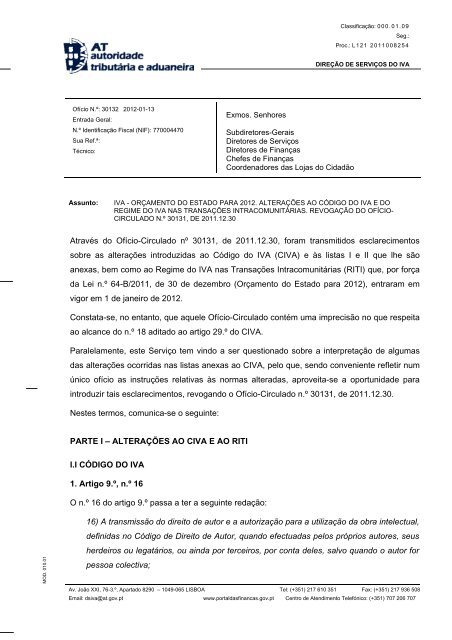 Ofício-Circulado n.º 30132/2012 - Portal das Finanças