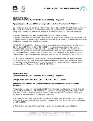 REGRAS VIGENTES DE APOSENTADORIA COM ... - DGRH/Unicamp
