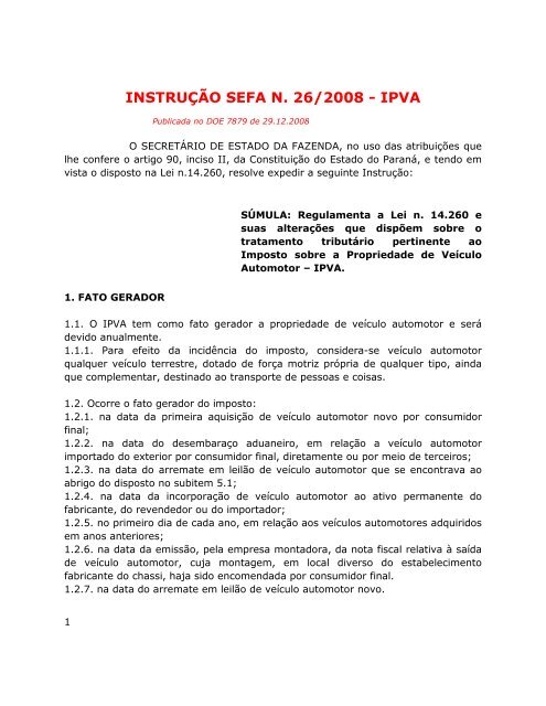 instrução sefa n. 26/2008 - SEFANET - Estado do Paraná