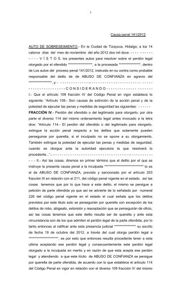 1 Causa penal 141/2012 AUTO DE SOBRESEIMIENTO.- En la ...