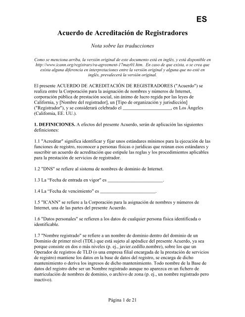 Acuerdo de Acreditación de Registradores - Icann