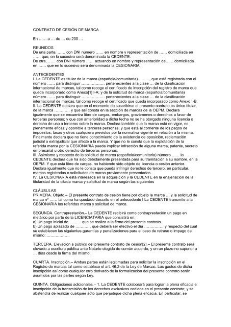 Modelo De Contrato De Cesion Del Derecho De Marca Convelia