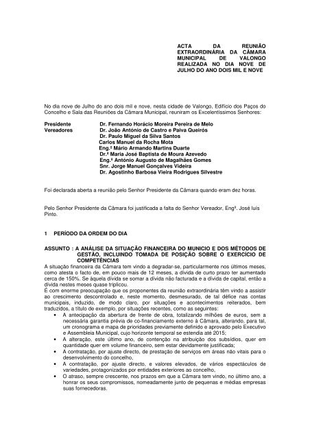 Ata da reunião do dia 09 de julho - Câmara Municipal de Valongo