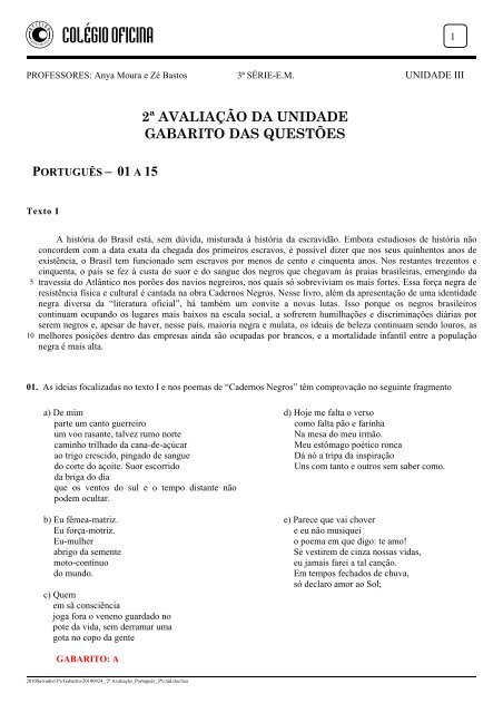 2ª avaliação da unidade gabarito das questões ... - Colégio Oficina