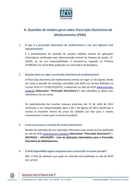 A. Questões de âmbito geral sobre Prescrição Electrónica ... - ACSS