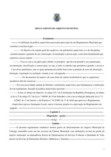 Regulamento do Arquivo Municipal - Câmara Municipal de Valongo