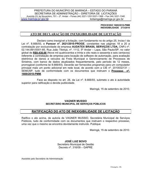 ato de declaração de inexigibilidade de licitação ratificação do ato ...