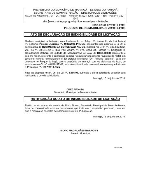 Atos de Inexigibilidade 202/2010 - Maringá