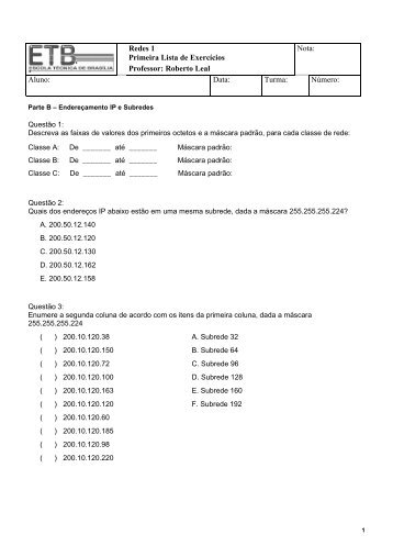 Redes 1 Primeira Lista de Exercícios Professor ... - Intranet ETB