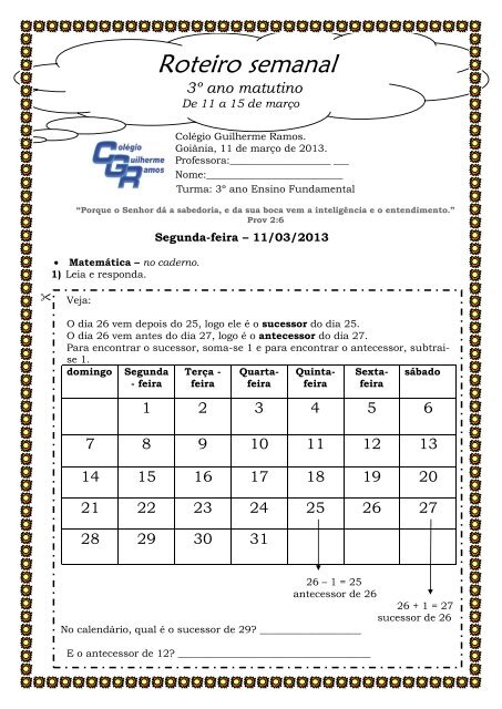 11 a 15 de Março - 3º Ano Mat - Colégio Guilherme Ramos