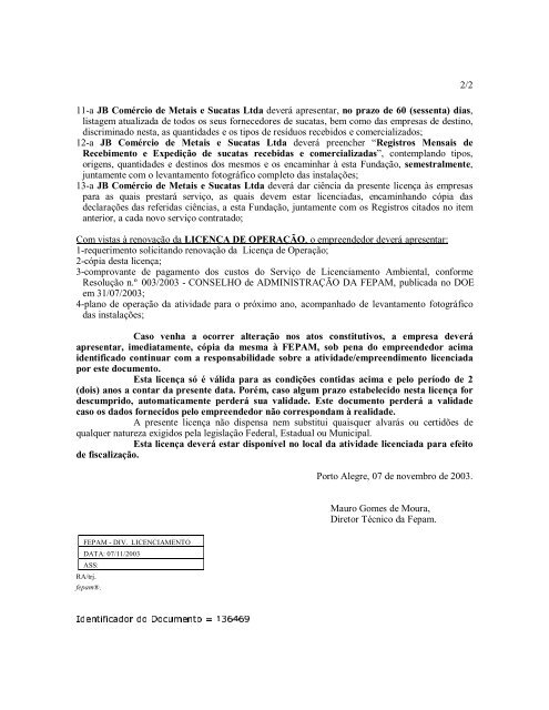 LICENÇA DE OPERAÇÃO LO N° 6341/2003-DL - Fepam