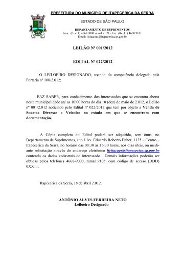 leilão nº 001/2012 edital nº 022/2012 - Prefeitura do Município de ...