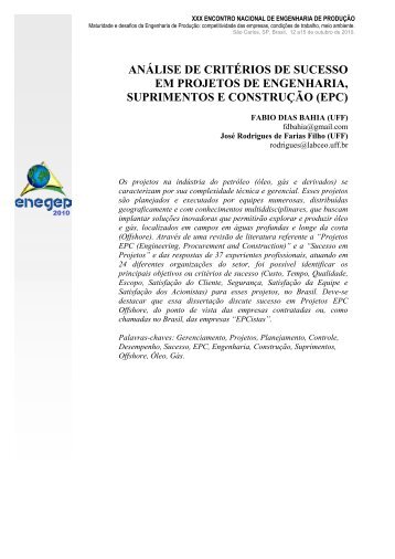 Critérios de Sucesso em Projetos de Engenharia EPC