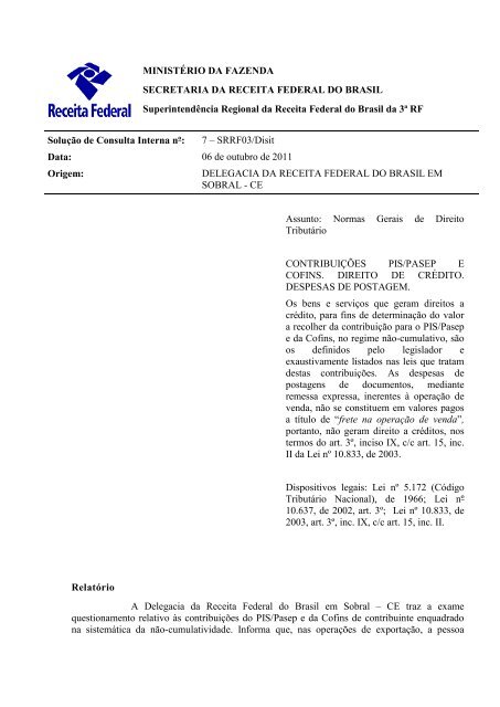 Solução de Consulta Interna SRRF03 Nº 7/2011 - Receita Federal ...