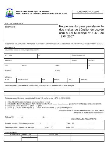 Formulário de solicitação para parcelamento - Prefeitura de Palmas