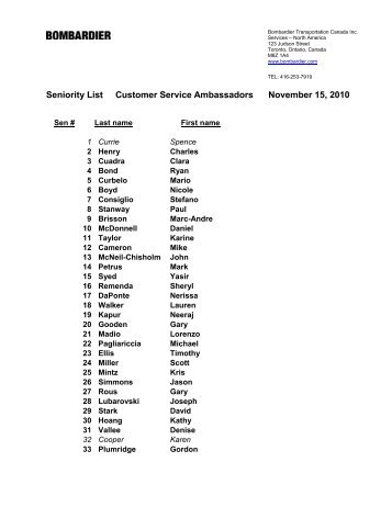 Seniority List Customer Service Ambassadors November 15, 2010