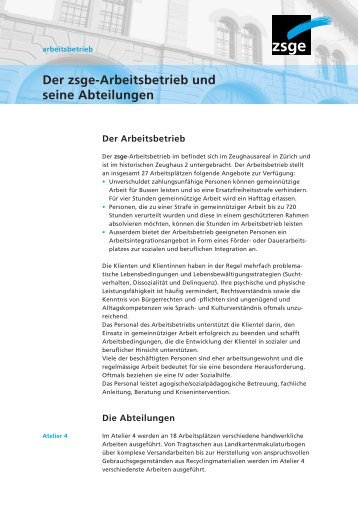 Der zsge-Arbeitsbetrieb und seine Abteilungen