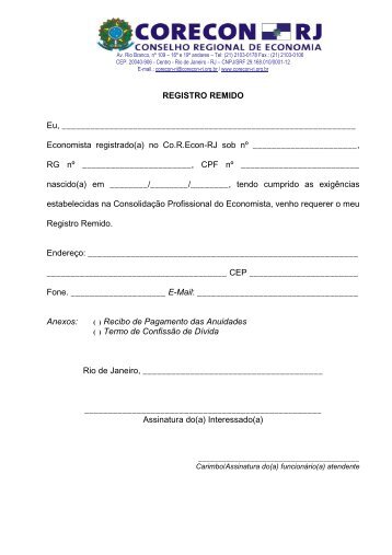 Formulário Novo Registro Remido - CORECON-RJ
