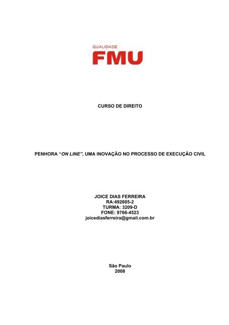 CURSO DE DIREITO PENHORA “ON LINE”, UMA INOVAÇÃO ... - Fmu