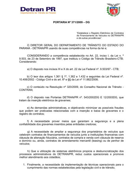 Portaria Nº 371/2009-DG - Detran PR - Estado do Paraná