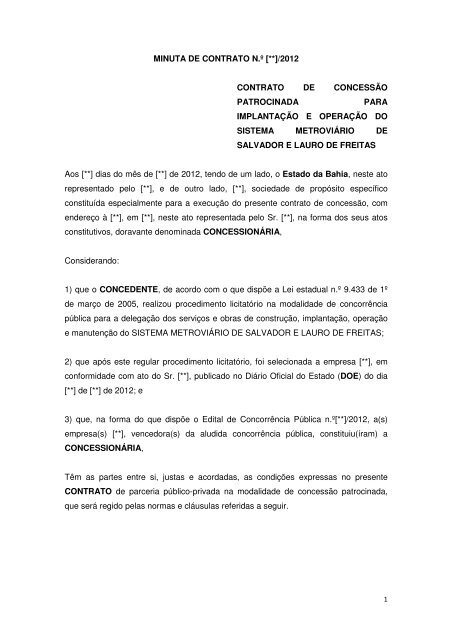 minuta de contrato n.º [**]/2012 contrato de concessão ... - Sedur