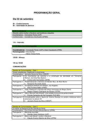 PROGRAMAÇÃO GERAL Dia 02 de setembro - Ponte Margem
