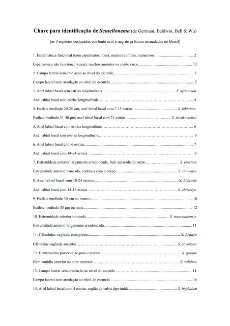 Chave para identificação de Scutellonema (de Germani, Baldwin ...