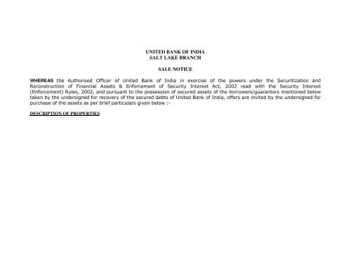 United Bank Of India Salt Lake Branch Sale Notice The Tenders
