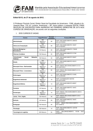 Edital 02/12, de 27 de agosto de 2012. O Professor Florindo ... - FAM