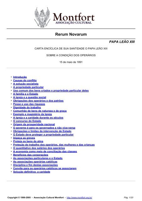 PDF) RERUM NOVARUM, Papa Leão XIII - Resumo