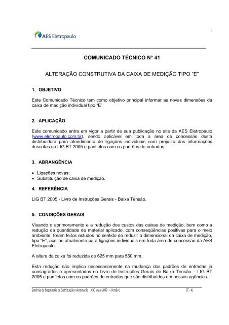 comunicado técnico n° 41 alteração construtiva ... - AES Eletropaulo